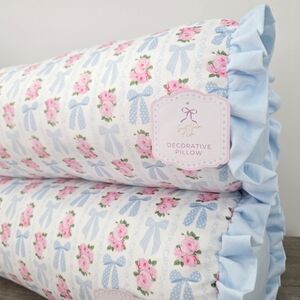 Beautiful Pink Floral Blue Bow Decorative Pillows X 2
